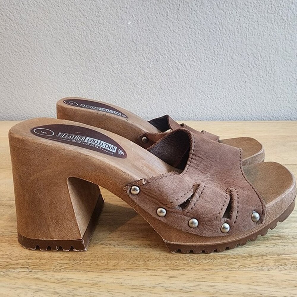 The Leather Collection Shoes Womens Size 5 Wood Platform Clogs Studded Italy